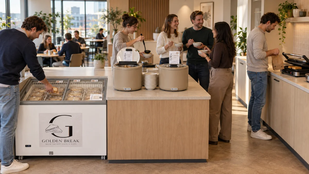 Collega's met een tosti tijdens de lunchpauze op kantoor